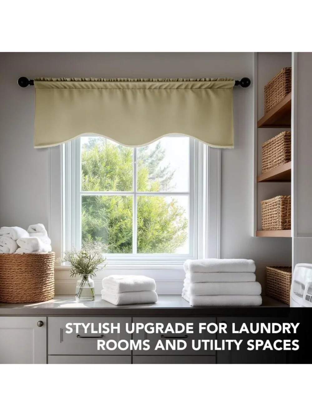 Beige Scalloped Room Darkening Valance Curtain for Kitchen & Living Room, 52x18